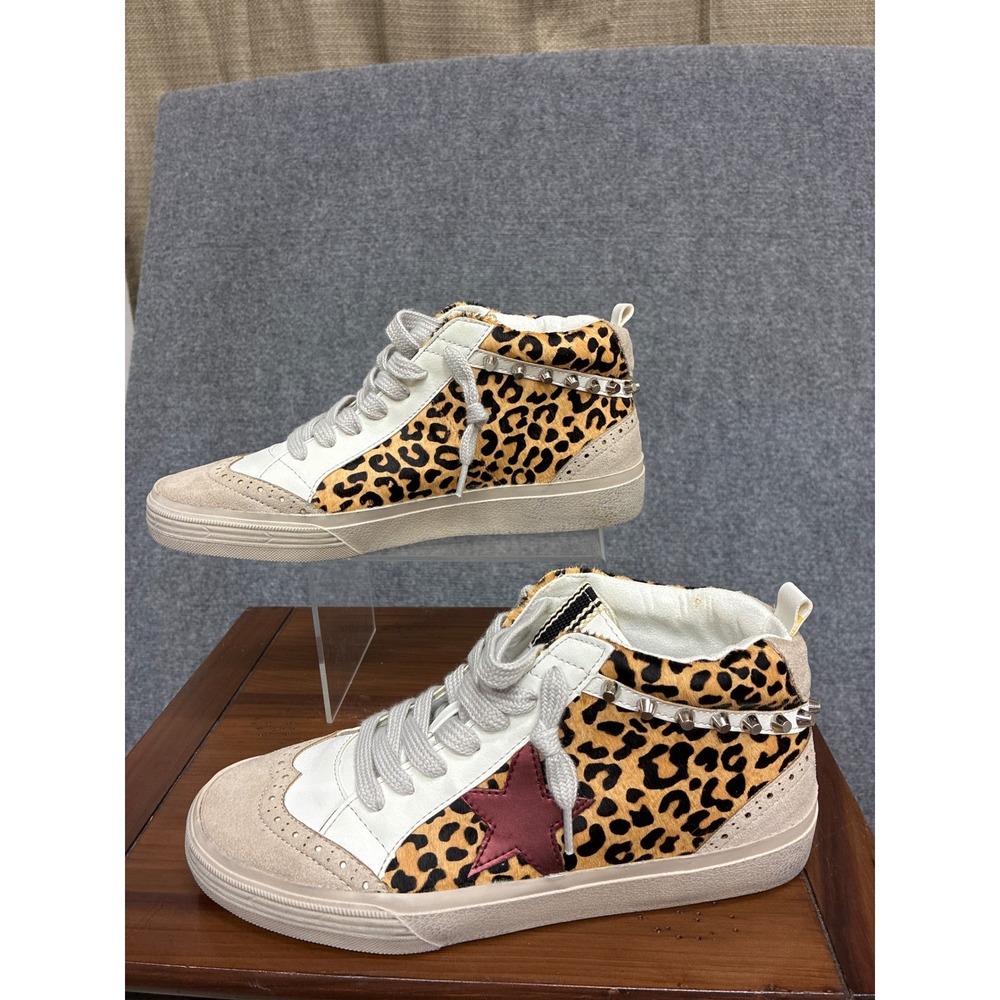 Shu Shop Paulina Leopard Calf Hair Mid Top Sneakers Studded Star Size 7.5 NEW